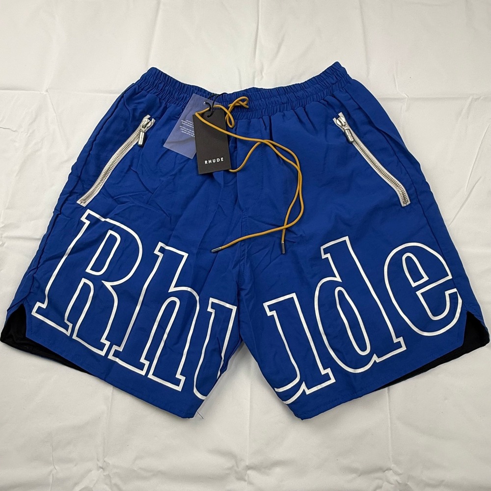 Rhude Royal Blue Logo Swim Shorts Mens XL Nylon Zipper Pockets New With Tags